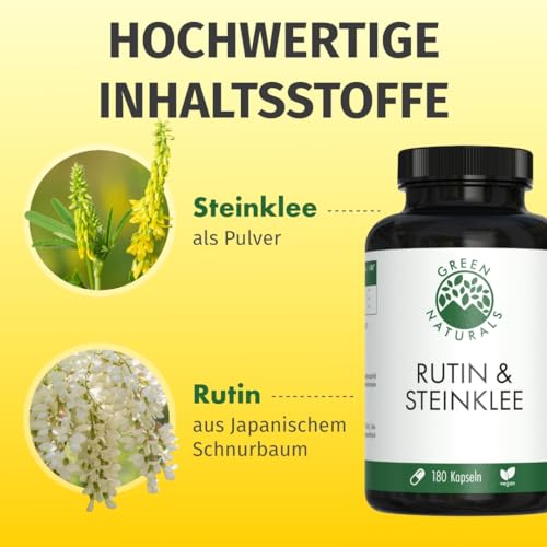 Green Naturals® Rutin & Steinklee - Hochdosiert: 1.000mg pro Tagesdosis - 100% Vegan & Ohne Zusätze - Vorrat für 3 Monate (180 Kapseln)