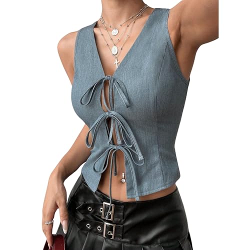 FindThy Women’s Tie Front Blazer Vest Sexy Sleeveless V-Neck Bowknot Lace Up Summer Crop Tank Tops - Main Image