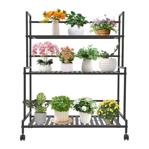 Dokiiovo Escalier à fleurs à 3 niveaux en métal à 3 étages avec roulettes - Support mobile pour plantes - Pour l'extérieur et l'intérieur - Balcon - 80 x 40 x 100 cm - Noir