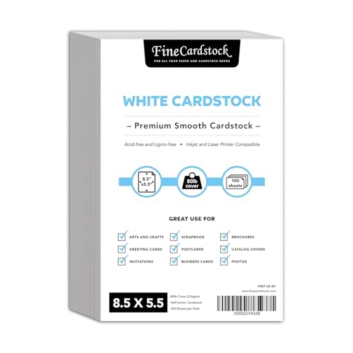8.5 x 5.5” Bright White Card Stock Paper – Great for Arts and Crafts, Greeting Cards, Invitations, Flyers, Brochures, Photos | Heavyweight 80lb (216gsm) Cover Cardstock | 100 Sheets per Pack