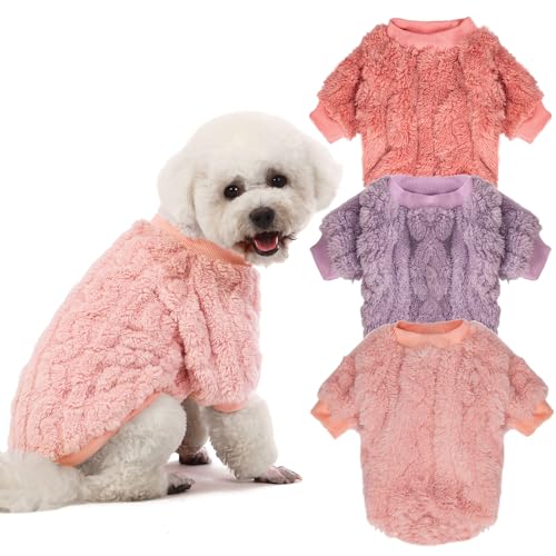 JAMPAYANG Dog Sweater, 3 Pack Dog Sweaters for Small Dogs or Cats, Girl or Boy, Warm Dog Clothes Shirt Coat for Winter Christmas (Pink, Purple, Rose Red, X-Small)