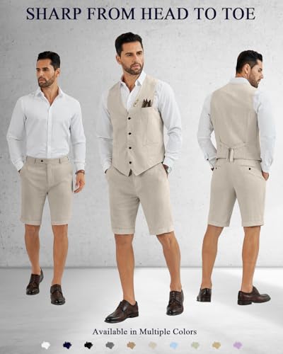 Men's Suit Linen 2 Piece Vests Short Pants Suits for Men Casual Summer Beach Groomsmen Wedding Waistcoat Set Outfit2