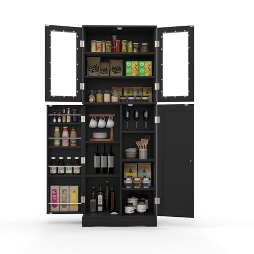 SILKYDRY Kitchen Pantry Cabinet, 63.5” Tall Cupboard with Glass Doors,