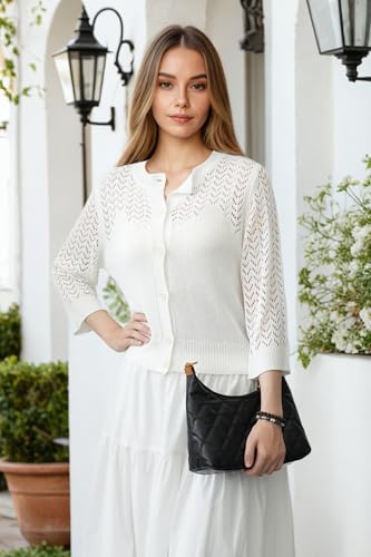 Image of Women's Lightweight Crochet Cardigan Sweater Open Front Knit Lace-Up Cover Up Casual Spring Fall Chic Outerwear Tops 23 White S