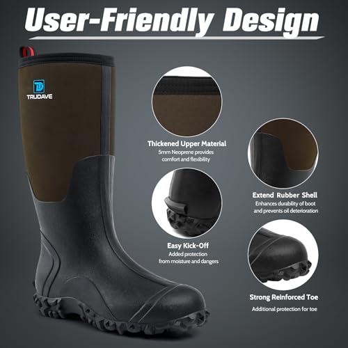 Image of Trudave Rubber Boots for Men with Steel Shank, Waterproof Insulated Reliable Rain Boots for Outdoor Work Hunting, Warm Dry 5mm Neoprene Anti-slip All-Season Mud Boots, Size 5-14