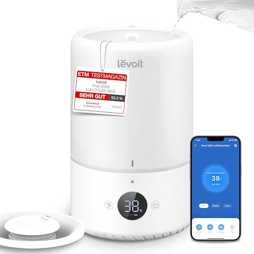 Levoit Smart Luftbefeuchter Schlafzimmer, 20dB leise, Top-Fill Humidifier für Baby, Luftfeuchtigkeit Sensor, Raumbefeuchter mit 360°Drehdüse für Kinderzimmer, Pflanzen, 3 L, Cremeweiß