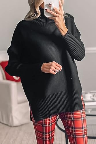 Womens Mock Turtleneck Sweaters Long Batwing Sleeve 2023 Fall Plus Size Asymmetric Hem Vintage Oversized Pullover Sweater Winter Tops Black