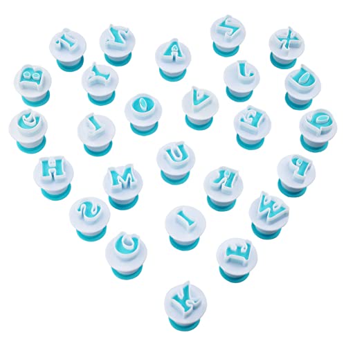 26 moldes de cortador de galletas con letras del alfabeto y émbolo para decoración de cupcakes, fondant, molde para hornear en relieve, para bodas, fiestas de Navidad, decoración de pasteles
