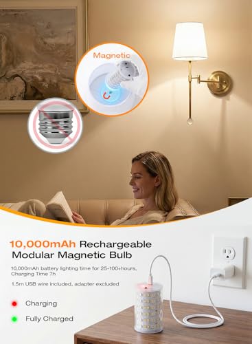 Image of CLOUDY BAY 10000mAh Battery Operated Wall Sconces,Up to 100 Hours with Rechargeable RGB Dimmable Magnetic Bulb,Cordless Wall Lighting Fixtures with Remote for Bedroom,Soft Gold,2 Pack-18.6inch