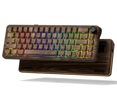 Image of womier L65 60% Brown Mechanical Keyboard with Knob,4000mAh,Tri Mode USB-C /BT5.0 /2.4G,RGB Backlit,Hot Swap,Linear Switch,Gasket Mounted Wireless Gaming Keyboard for PC /Mac,Wood Pattern Theme