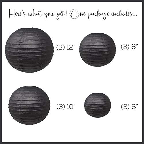 Just Artifacts Decorative Round Chinese Paper Lanterns 12Pcs Assorted Sizes (Color: Black) #TOP1