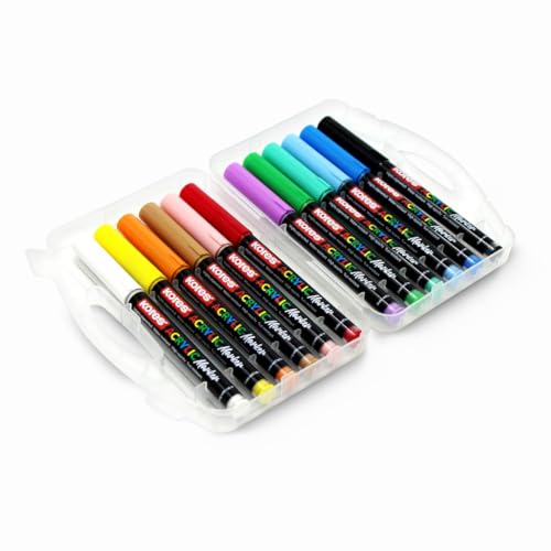 Image of Kores Acrylic Markers, Assorted Colours, Ideal for Paper, Wood, Canvas, Metal, Glass, Stone, Ceramic, Plastic, Fabric, 12 Count