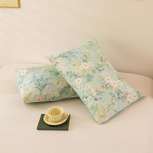 Image of ECOCOTT Sage Green Floral King Standard Size Set of 2, 100% Washed Cotton Pillow Cases with Envelope Closure, Botanical Wildflower Printed Pillow Covers 20 inchX36 inch