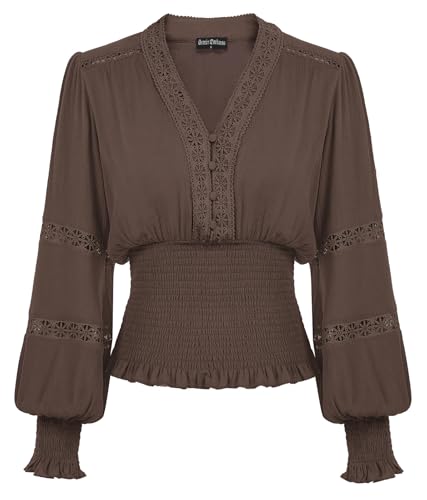 Blusa renacentista con manga farol voluminosa y delicado encaje romántico en escote v