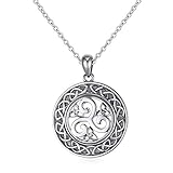 DAOCHONG 925 Sterling Silver Jewelry Oxidized Good Luck Irish Knot Celtic Medallion Round Triple Spiral Pendant Necklace, 20 inch