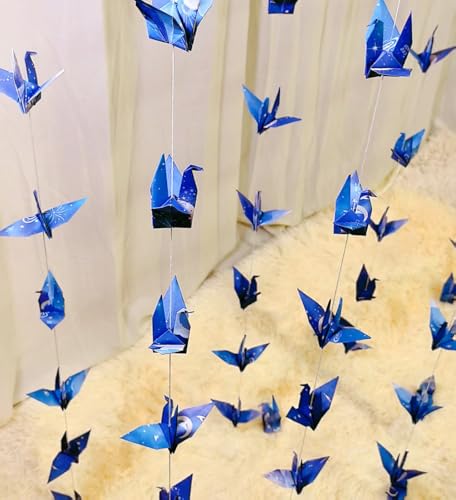 Image of Space Crane Paper Hanging Garlands (3stringsX 5.2ft), Romantic Starry Sky Origami Birds Streamers, Blue Planet Garland for Baby Shower Birthday Party Supplies Boy Bedroom Garden Decor