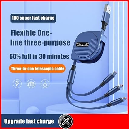 Image of Original 100W USB C Multi Charging Cable 3in1 Retractable Charge Cord Compatible with Phone /Type C /Micro for All Android and iOS Smartphone Multifunction 3 in 1 Cable (APR196)