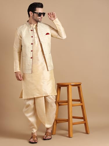 Image of Men's Silk Blend Solid Kurta Dhoti Set with Designer Ethnic Nehru Jacket