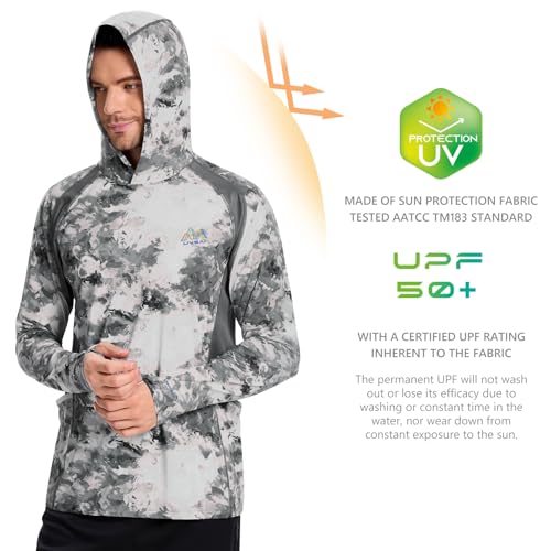 Image of Men's UPF 50+ Hoodie Shirt Long Sleeve Permanent UV Sun Protection Vented Tee Performance for Outdoor Hiking Fishing