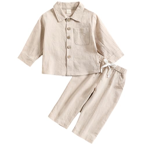 Image of BACKID Baby Boys 2 Pieces Clothes Set Toddler Kids Button Down Long Sleeve Collar Shirts and Elastic Waist Pants Outfits,Beige,6-12 Month