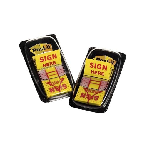 Post-it Printed Message Flags, Sign Here, 1 Inch Yellow, 12 Dispensers of 50 Flags
