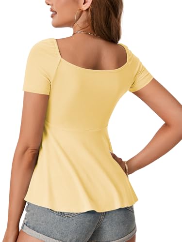 Image of Rooscier Women's Ribbed Knit Sweetheart Neck Tops Cute Drawstring Ruffle Short Sleeve T Shirts