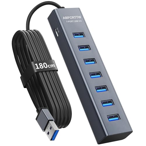 7-Port USB Hub 3.0 mit 180cm Kabel f&uuml;r Desktop, Aluminium USB Hub 5Gbps USB Verteiler Multiport Adapter Splitter mit 5V 3A Type-C Port f&uuml;r PC, Laptop, MacBook, U-Disk, Maus