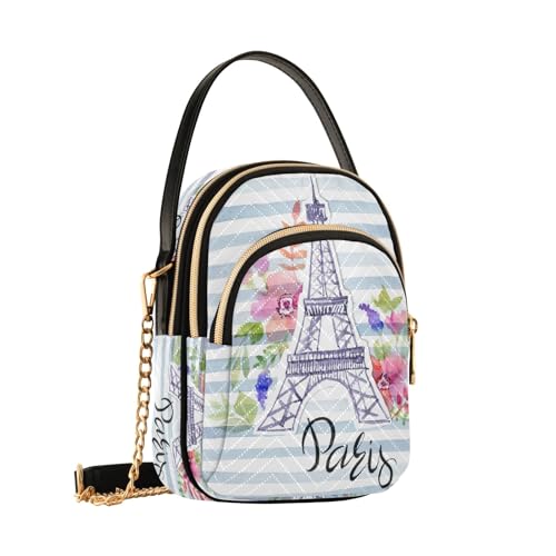 SUABO Crossbody Bag for Women, Paris Eiffel Tower Flowers Phone Purse Detachable Chain Bag Shoulder Handbag Wallet