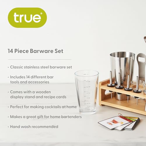 image for True Ultimate 14 Piece Barware Set with Wooden Stand, Bar Tools and Mi