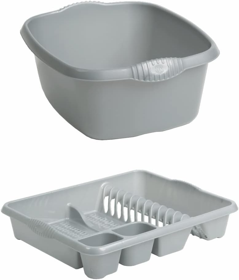 SET OF 2 Large Rectangular Washing Up Bowl with large Dish Drainer For Kitchen Utensils - (Soft Grey, Rectangular Bowl, Large Dish Drainer)