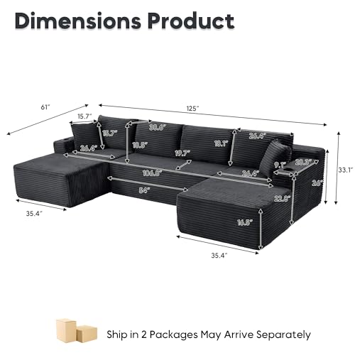 Image of 125 Inch Modular Sectional Sofa, Cloud Couch Oversized U Shaped Corduroy Sofa with Storage & Cupholders, Modern Deep Seat Boneless Couches for Living Room, No Assembly Required, Dark Grey