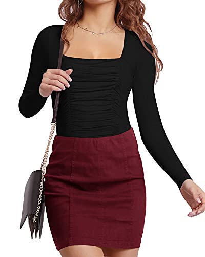 Image of MANGOPOP Womens Square Neck Ruched Double Lined Long Sleeve Bodysuit Tops Jumpsuit, Black, Large
