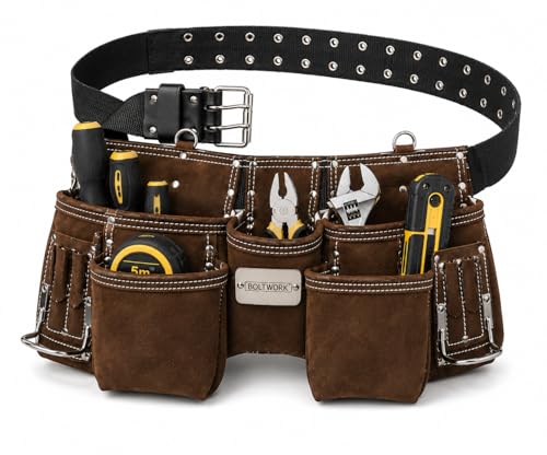 BOLTWORK Leather Tool Pouch Nail Pouch PRO Heavy Bag Organizer Hands Tools with Adjustable Waist Nylon Belt Metal Buckle to fit Small to XXL Waist Size 1% of Sale Value Will be Donated to Hospital