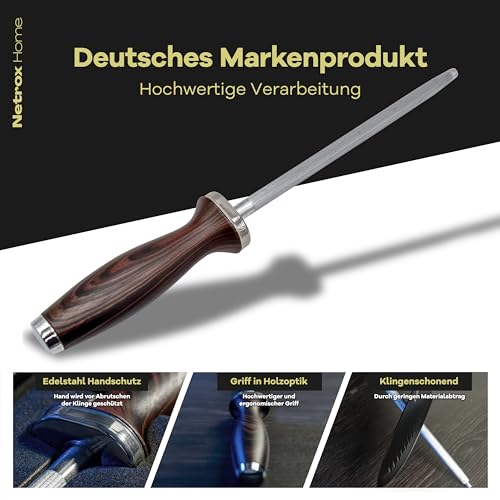 Foto von Netrox - Premium Wetzstahl für Messer schärfen – Hochwertiger Profi Messerschärfer Schleifstab für langanhaltende Schärfe – Messerstahl, Wetzstab, Küchenwerkzeuge, Knife Sharpener, Schärfstab