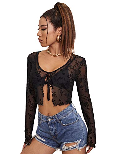 Floerns Women's Sheer Mesh Long Sleeve Open Front Self Tie Crop Top Without Bra Black M