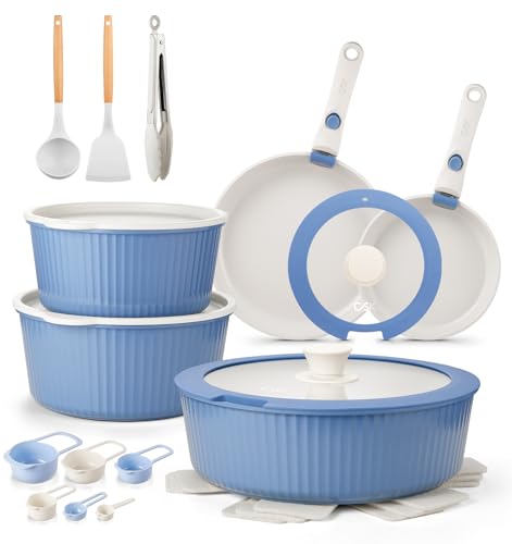 Image of KOCH SYSTEME CS 19 Pcs Non stick Ceramic Cookware Set with Detachable Handles, Nonstick Pots and Pans Set, Induction /Dishwasher Safe, Non Toxic Space Saving Kitchen Set with Lids & Utensils, Blue