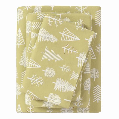 Image of Great Bay Home Flannel Sheet Set California King Size - 100% Turkish Cotton, Double-Brushed, Lodge-Printed Bed Sheets - Ultra-Soft, Cozy, 4-Piece Bedding Set (Winter Forest - Sage /Red)