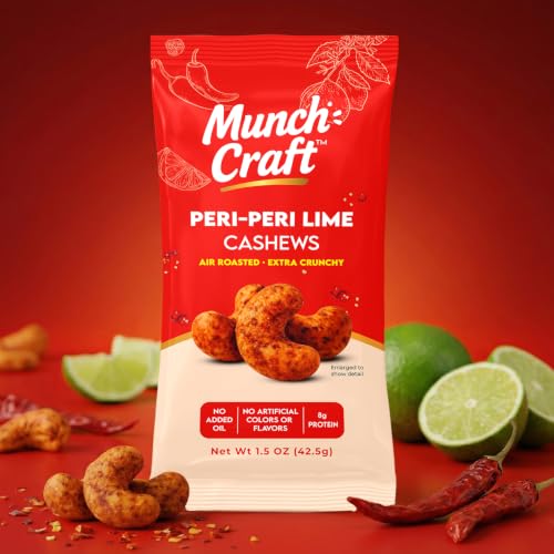 Image of Munch Craft Gourmet Peri-Peri Lime Cashews (8-Pack Box) - Perfectly Balanced Flavor (Smoky Heat & Zesty Lime) - Extra Crunchy Air-Roasted Nuts, Oil-Free - Eight 1.5 oz Snack Bags (12 oz Total)