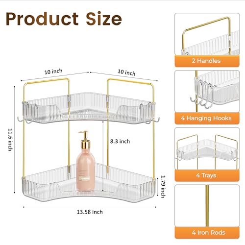 Image of Corner Bathroom Counter Organizer 2 Tier Bathroom Organizers and Storage Countertop with Hooks Skin Care Exquisite Vanity Organizer Countertop Bathroom Storage Dresser, Kitchen-Clear