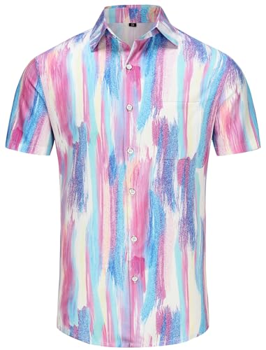 KYKU Hawaiian Shirt for Men Short Sleeve Button Down Summer Clothing Vacation Beach Shirts Stripe with Pockets3