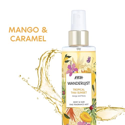 Image of Nykaa Wanderlust Tropical Sunset Body & Hair Fine Fragrance | Perfume Mist for Women - 200 ml | Fruity floral Perfume | Long-Lasting, Travel‐Friendly, Vegan,Paraben‐Free, IFRA Certified I Mango and Peony fragrance notes
