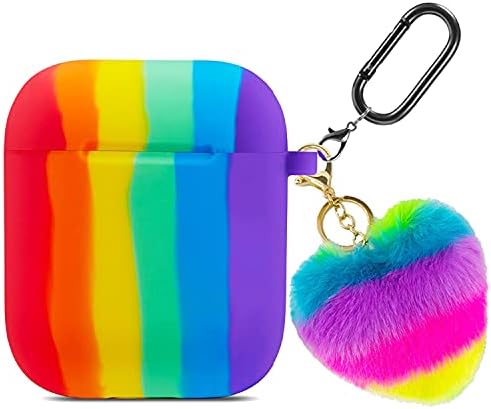 Cute AirPods Case for Women,Rainbow Soft Silicone Airpod 1/2 Case iPod Protective Shell with Colorful Fur Ball Keychain for Girls