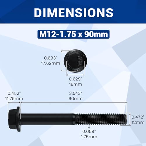 Image of 4-Sets M12-1.75 x 90mm Grade 10.9 Flange Hex Bolts + Flange Nut + Flat Washer + Lock Washer Combo Pack, Black Oxide, for Automotive & Machinery