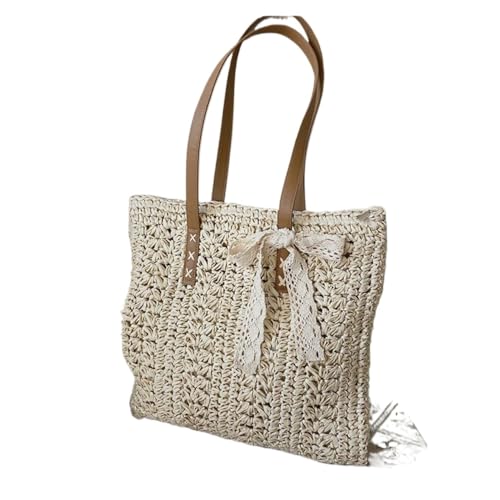 Handmade Woven Raffia Beach Bag | Square Hollow Straw Shoulder Bag | Bohemian Summer Tote for Travel & Shopping(Beige AddRibbon)