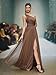 MIMIFINA Women's Glamorous One ShoulderLong Evening Dress with High Slit Waist Cinching for Weddings Party Brown
