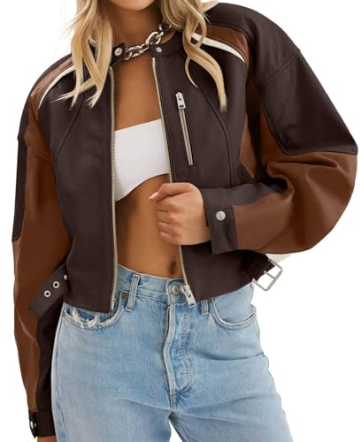 Tankaneo Womens Faux Leather Bomber Jackets Cropped Zip Up Color