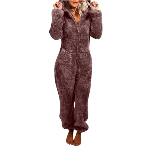 Generisch 2025 Mono Mujer Pijama con Capucha de Forro Polar Mullido Mono Mono de Manga Larga Pijama Cálido Invierno Pijama Hombre Mono, café, S