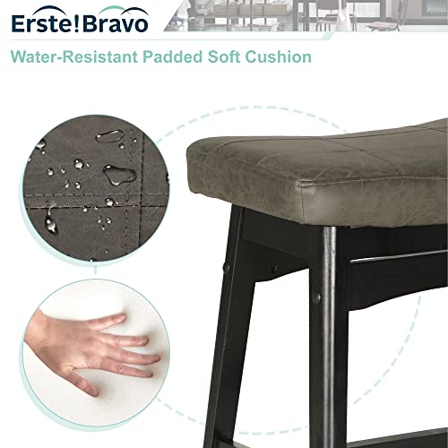 Erste!Bravo Solid Wood Bar Stools Set Of 3 For Kitchen Counter Height Barstools With Faux Leather Saddle Seat Farmhouse Upholstered Stools For 34"-38" Counter Island, 24 Inches Height, Grey & Black #TOP3