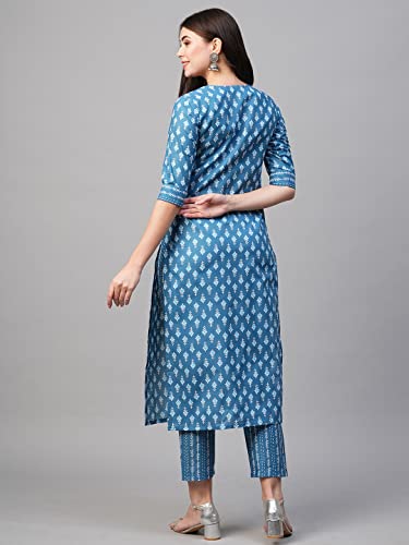 Image of GoSriKi Women's Cotton Blend Printed Straight Kurta With Pant