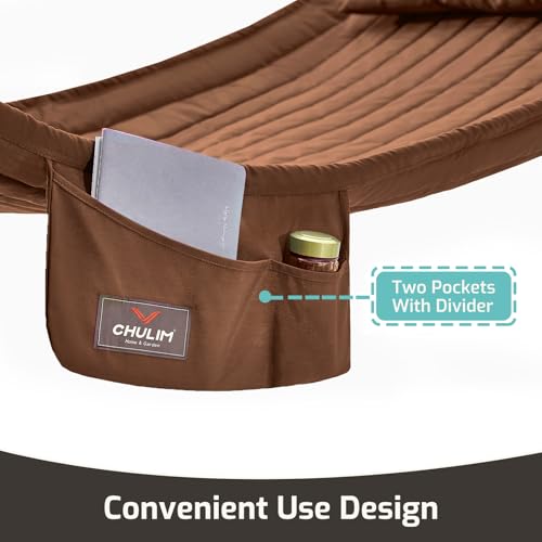 Image of Double Quilted Fabric Hammock with Hardwood Spreader Bars and Pillow 450 LBS Capacity 2 Person Large Hammock for Outdoor Patio Backyard Poolside - Brown